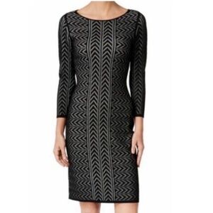 Calvin Klein | S | Black & Gray 3/4 Sleeve Chevron Sheath Bodycon Midi Dress